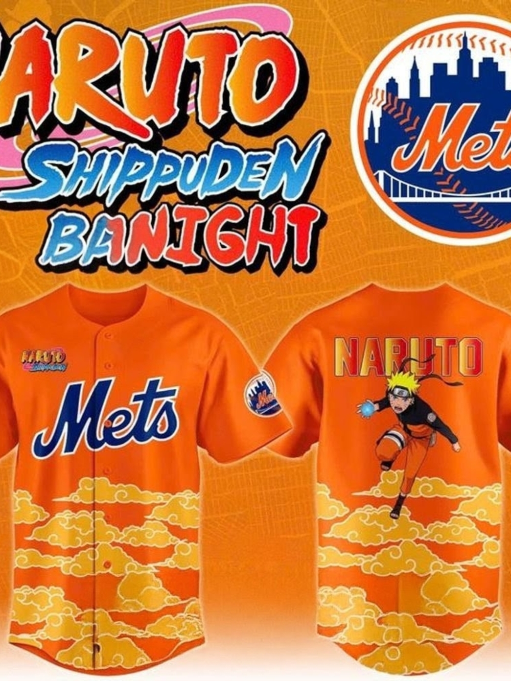 Mets x Naruto Orange Button-Down Baseball Jersey for Men #MetsJersey